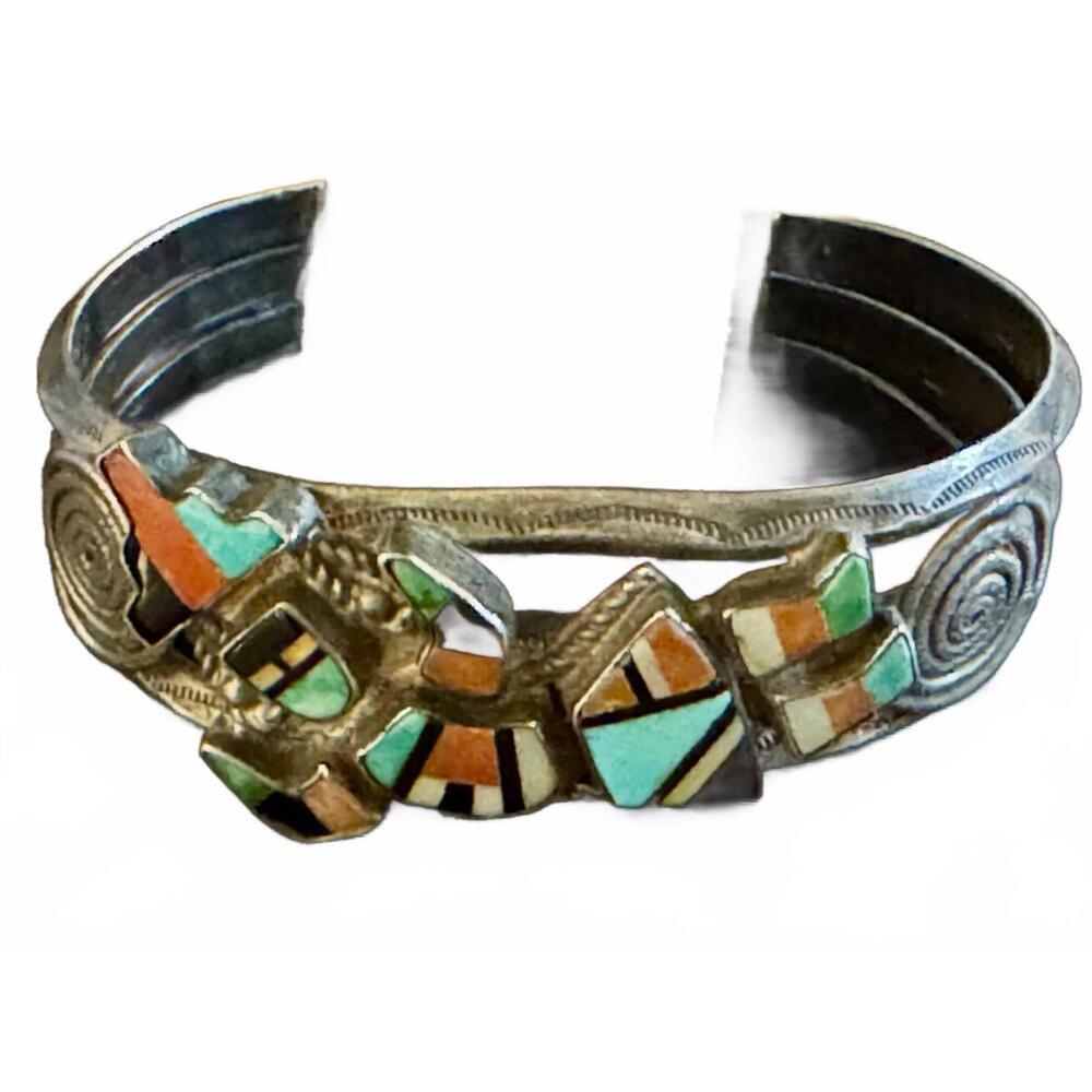 Gorgeous! Vintage Zuni Inlay Rainbow Man Cuff With Sterling Silver, Turquoise
